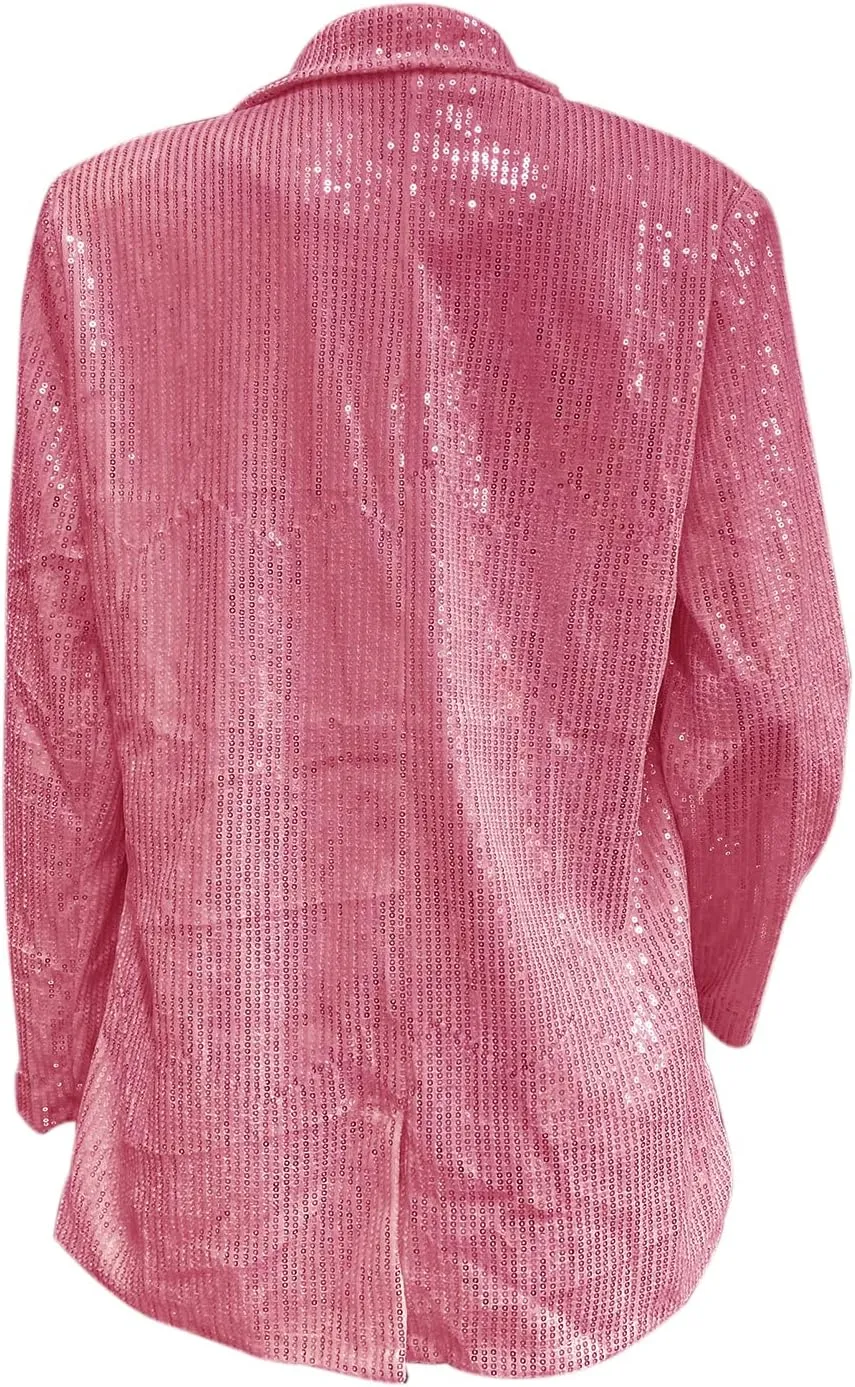 ALLUMK Women Evening Bling Sequin Jacket Open Front Work Blazer Long Sleeve Laple Cardigan Coat
