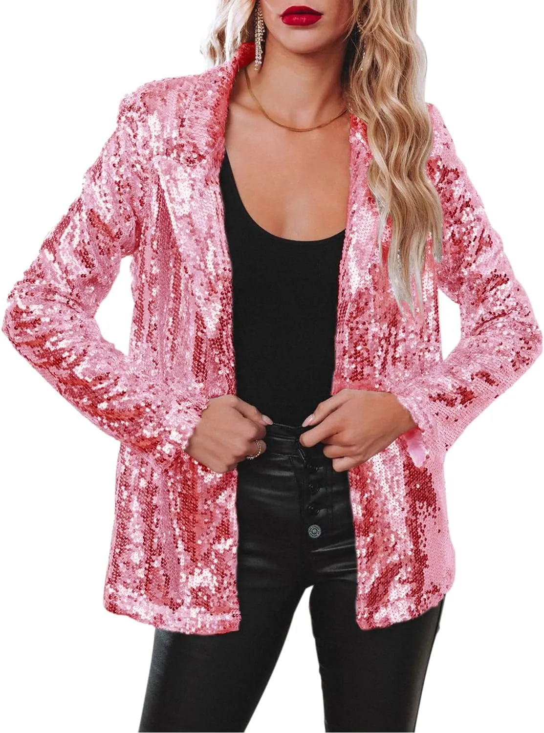 ALLUMK Women Evening Bling Sequin Jacket Open Front Work Blazer Long Sleeve Laple Cardigan Coat