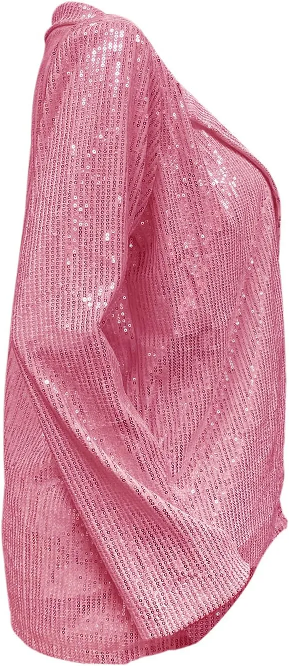 ALLUMK Women Evening Bling Sequin Jacket Open Front Work Blazer Long Sleeve Laple Cardigan Coat