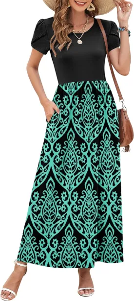 AUSELILY Women's Summer Maxi Dresses Petal Sleeves Casual Empire Waist Long Dress with Pockets 2025 New