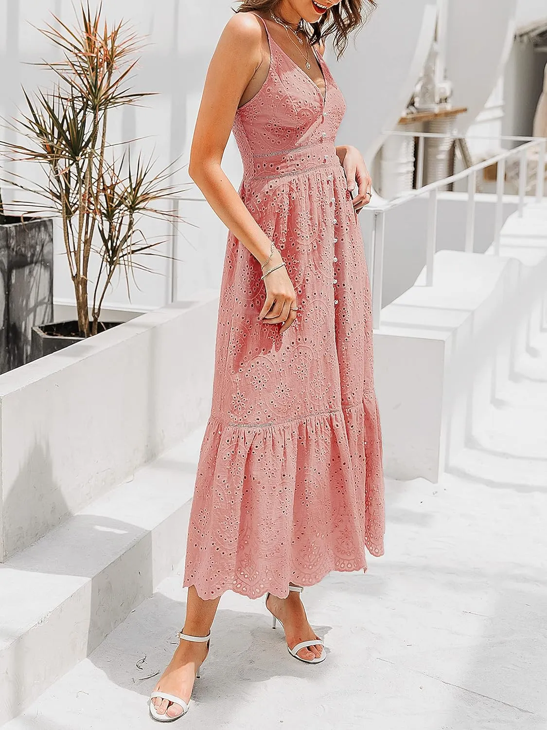 BerryGo Women's Embroidery Pearl Button Down Dress V Neck Spaghetti Strap Maxi Dress
