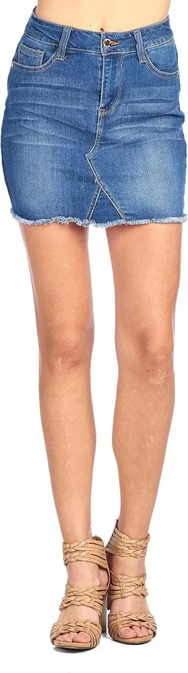 Classic Denim Jean Casual Basic Frayed Hem Faded Wash Mini Skirt