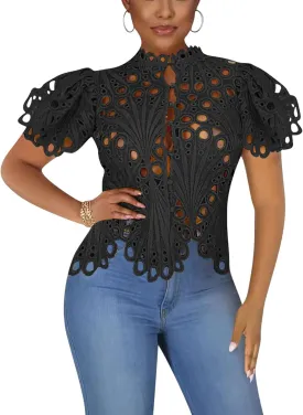 Doweha Womens Sexy Ruffle Long Sleeve Summer Lace Tops 2025 Puff Flare Shirt V Neck Hollow Out Button Down Tunic Blouses