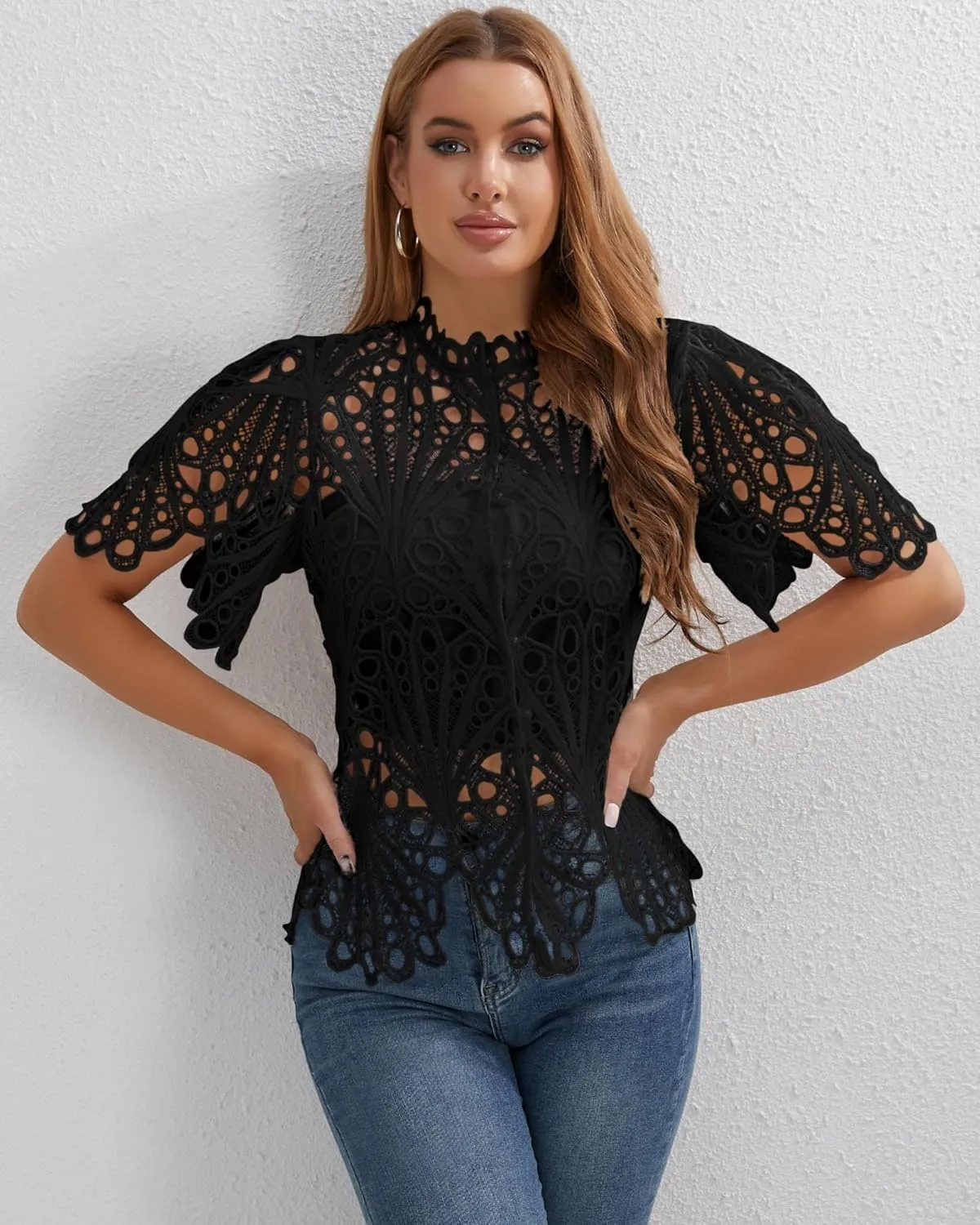 Doweha Womens Sexy Ruffle Long Sleeve Summer Lace Tops 2025 Puff Flare Shirt V Neck Hollow Out Button Down Tunic Blouses