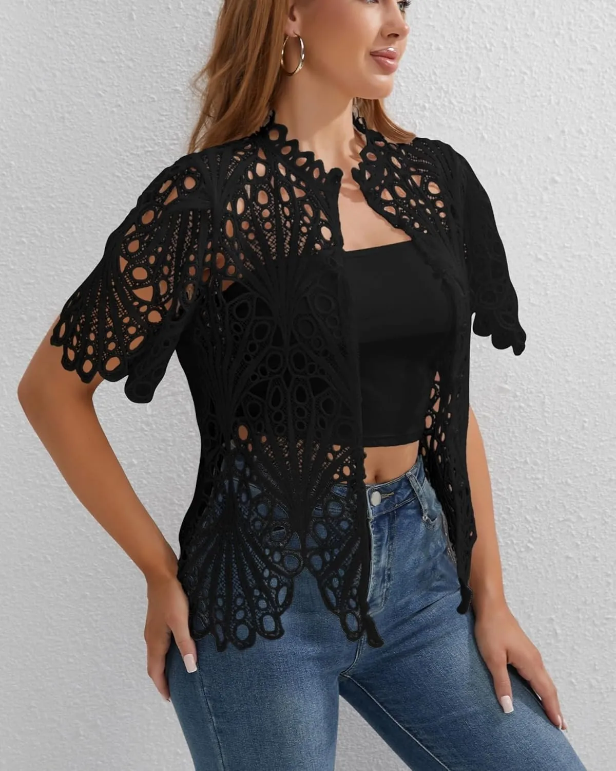 Doweha Womens Sexy Ruffle Long Sleeve Summer Lace Tops 2025 Puff Flare Shirt V Neck Hollow Out Button Down Tunic Blouses