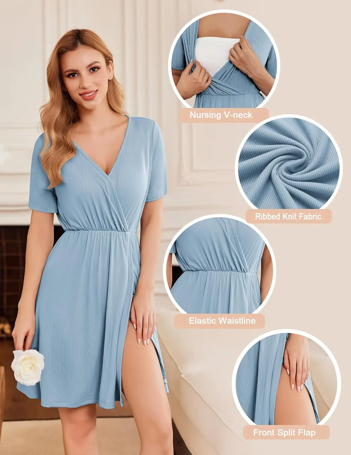 Ekouaer Maternity Nursing Dress V Neck Short Sleeve Breastfeeding Dresses Ribbed Knit Pregnancy Clothes S-XXL