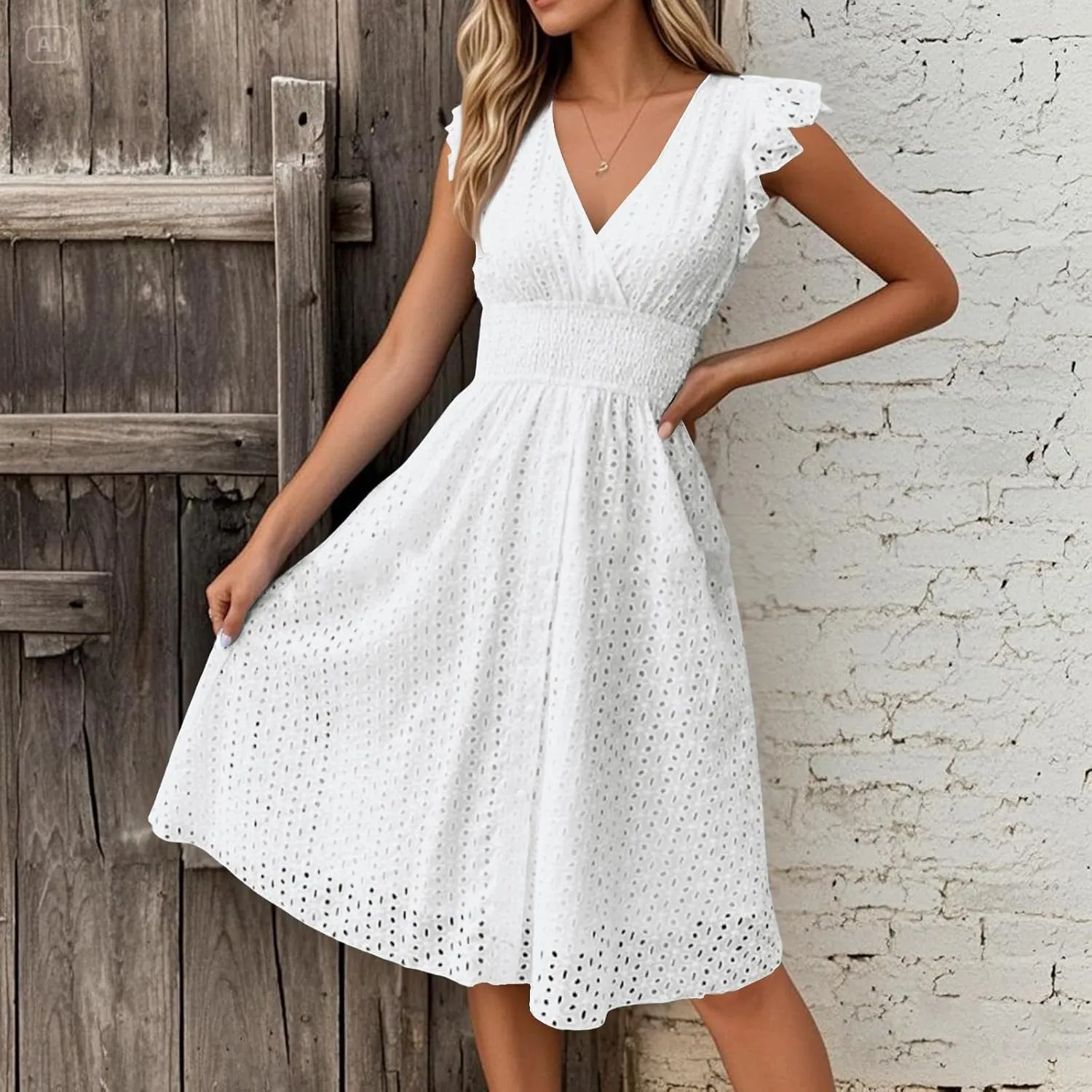 Eyelet Dresses for Women 2025 Cute Summer V Neck Cap Sleeve Smocked Empire Waist Knee Length Fit and Flare Dress