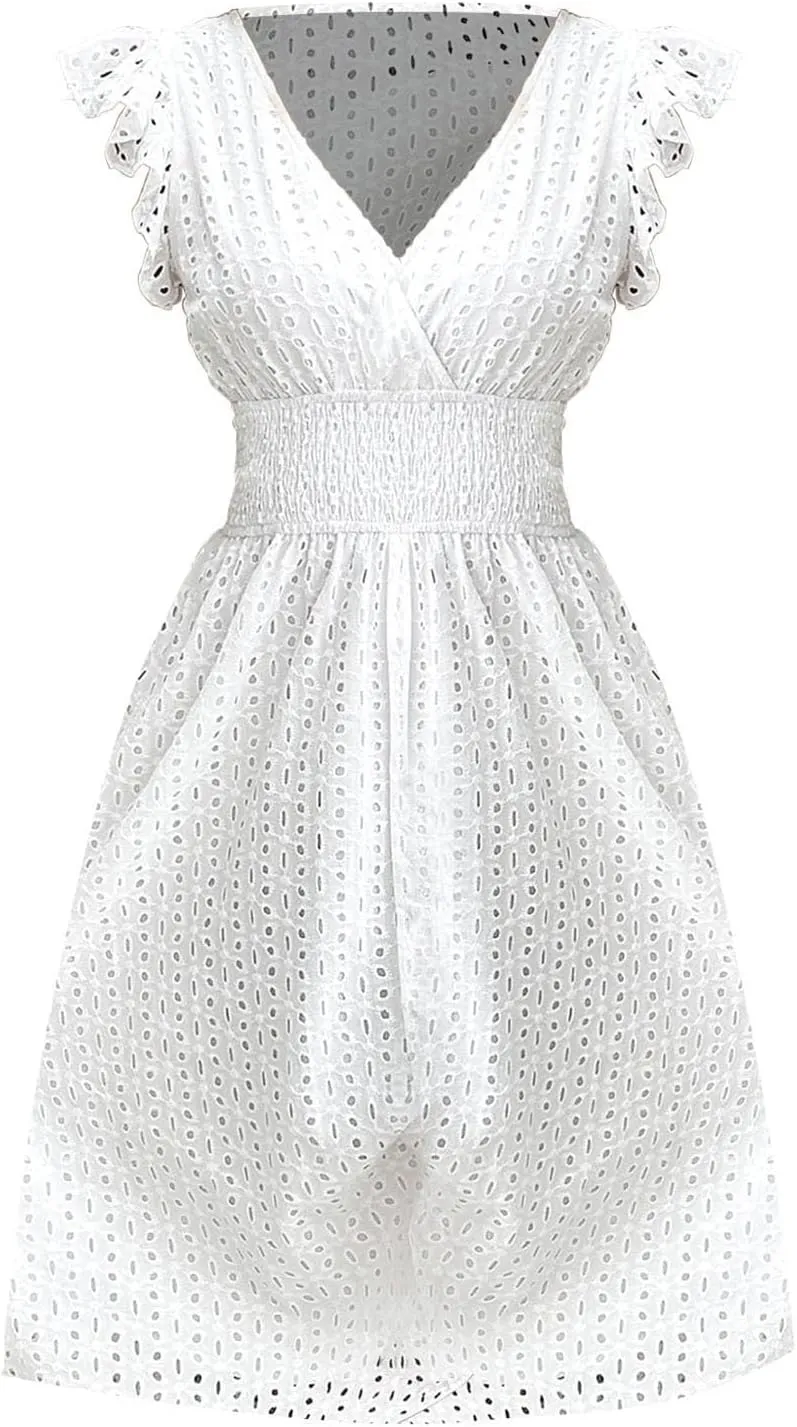 Eyelet Dresses for Women 2025 Cute Summer V Neck Cap Sleeve Smocked Empire Waist Knee Length Fit and Flare Dress