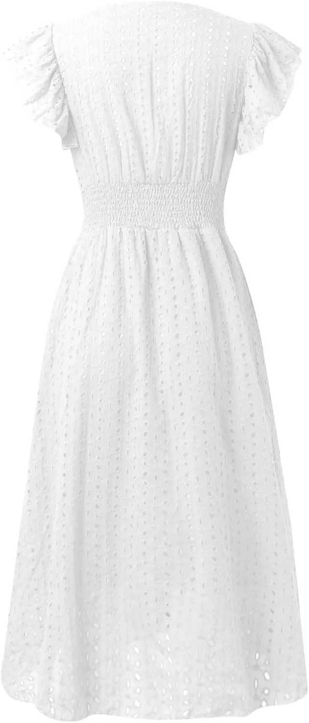 Eyelet Dresses for Women 2025 Cute Summer V Neck Cap Sleeve Smocked Empire Waist Knee Length Fit and Flare Dress