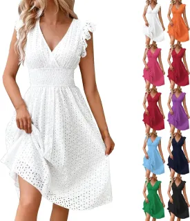 Eyelet Dresses for Women 2025 Cute Summer V Neck Cap Sleeve Smocked Empire Waist Knee Length Fit and Flare Dress
