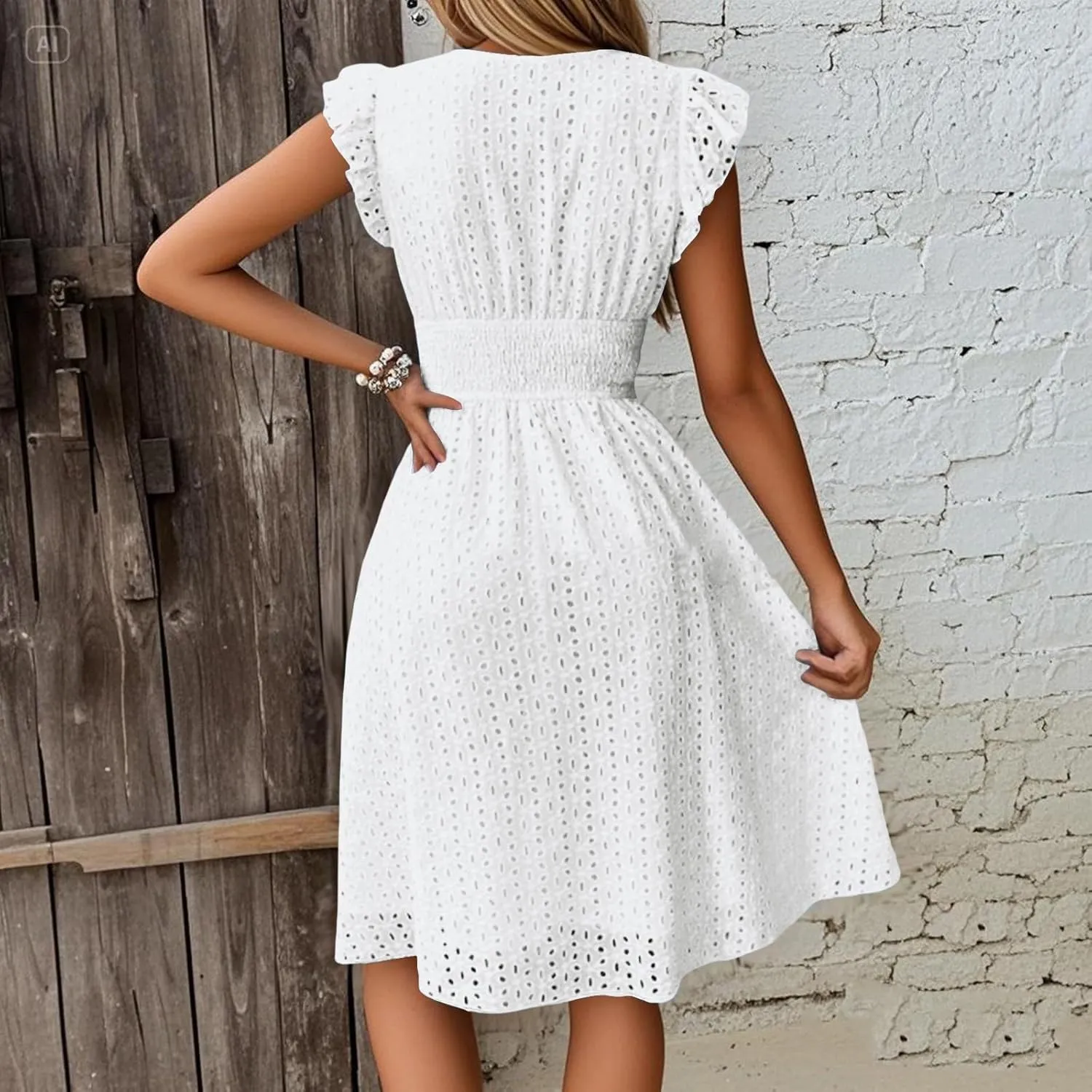Eyelet Dresses for Women 2025 Cute Summer V Neck Cap Sleeve Smocked Empire Waist Knee Length Fit and Flare Dress