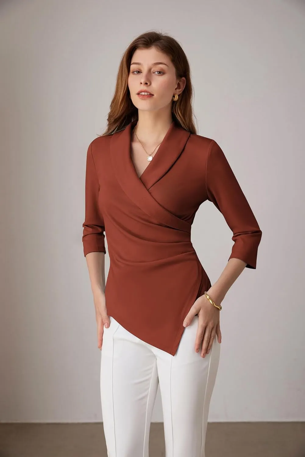 GRACE KARIN Women's V Neck Casual Work Tops 3/4 Sleeve Office Dressy Blouse Asymmetrical Elegant Shirts