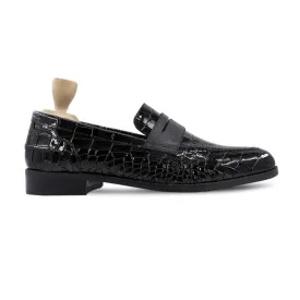 Handmade Custom Black Crocodile Pattern Leather Mens Loafers