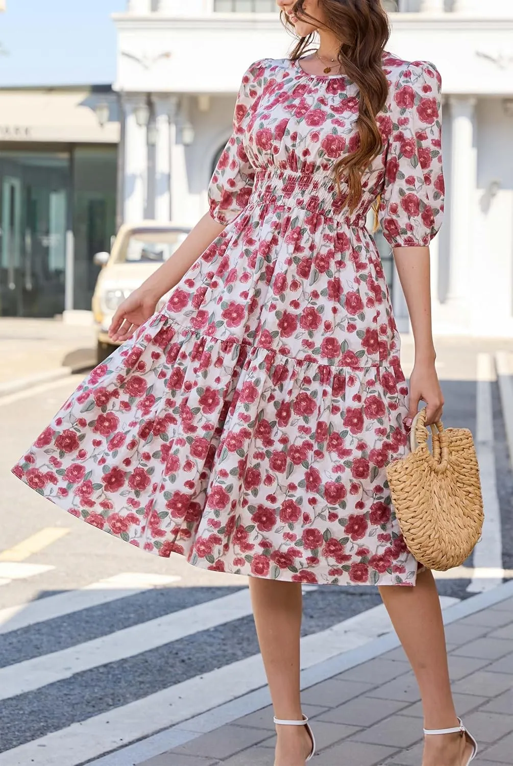 Kormei Women Casual Boho Floral Round Neck 3/4 Sleeve Smocked Waist Tiered A Line Flowy Swing Midi Dress Long Dresses