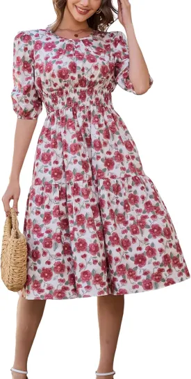 Kormei Women Casual Boho Floral Round Neck 3/4 Sleeve Smocked Waist Tiered A Line Flowy Swing Midi Dress Long Dresses