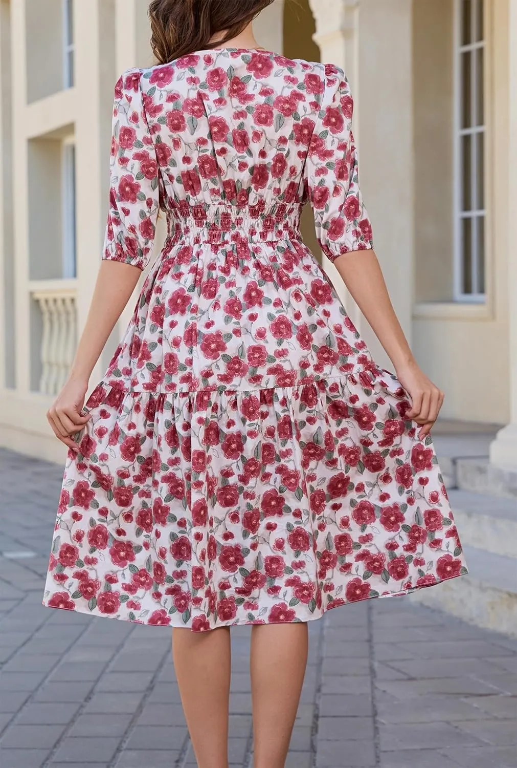 Kormei Women Casual Boho Floral Round Neck 3/4 Sleeve Smocked Waist Tiered A Line Flowy Swing Midi Dress Long Dresses