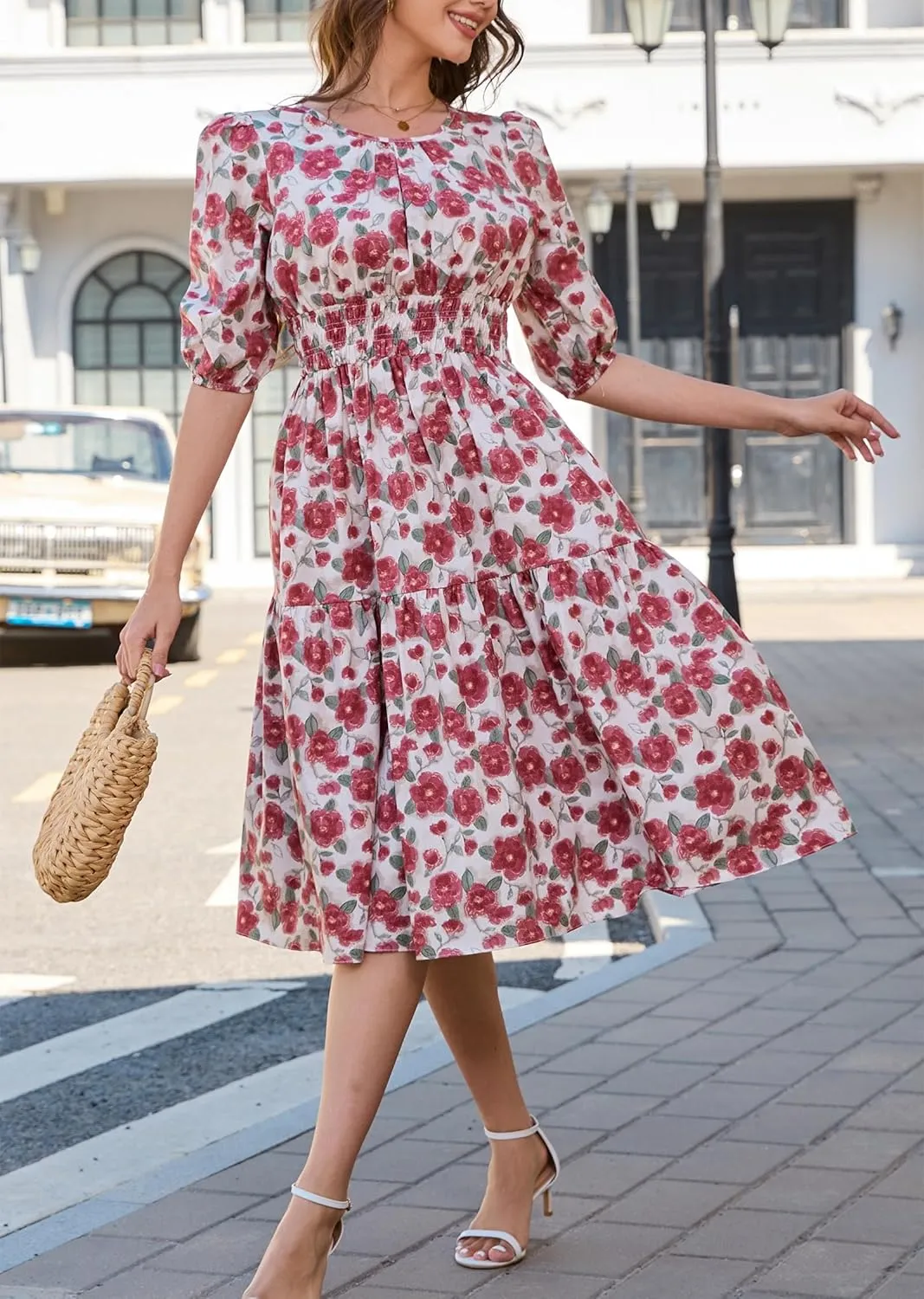 Kormei Women Casual Boho Floral Round Neck 3/4 Sleeve Smocked Waist Tiered A Line Flowy Swing Midi Dress Long Dresses