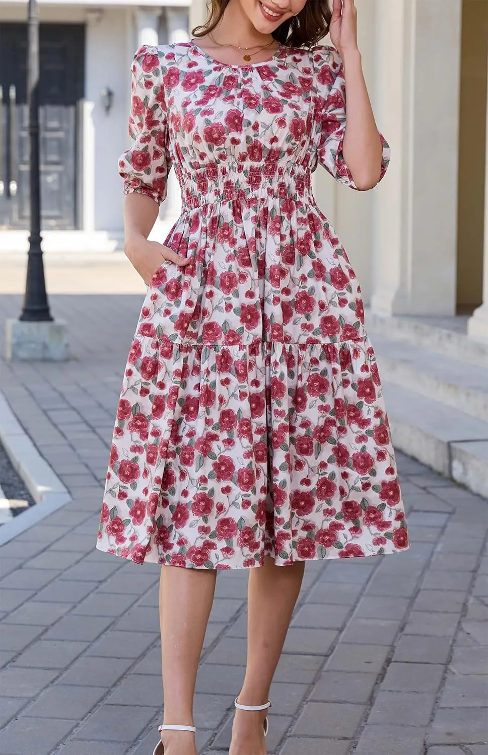 Kormei Women Casual Boho Floral Round Neck 3/4 Sleeve Smocked Waist Tiered A Line Flowy Swing Midi Dress Long Dresses