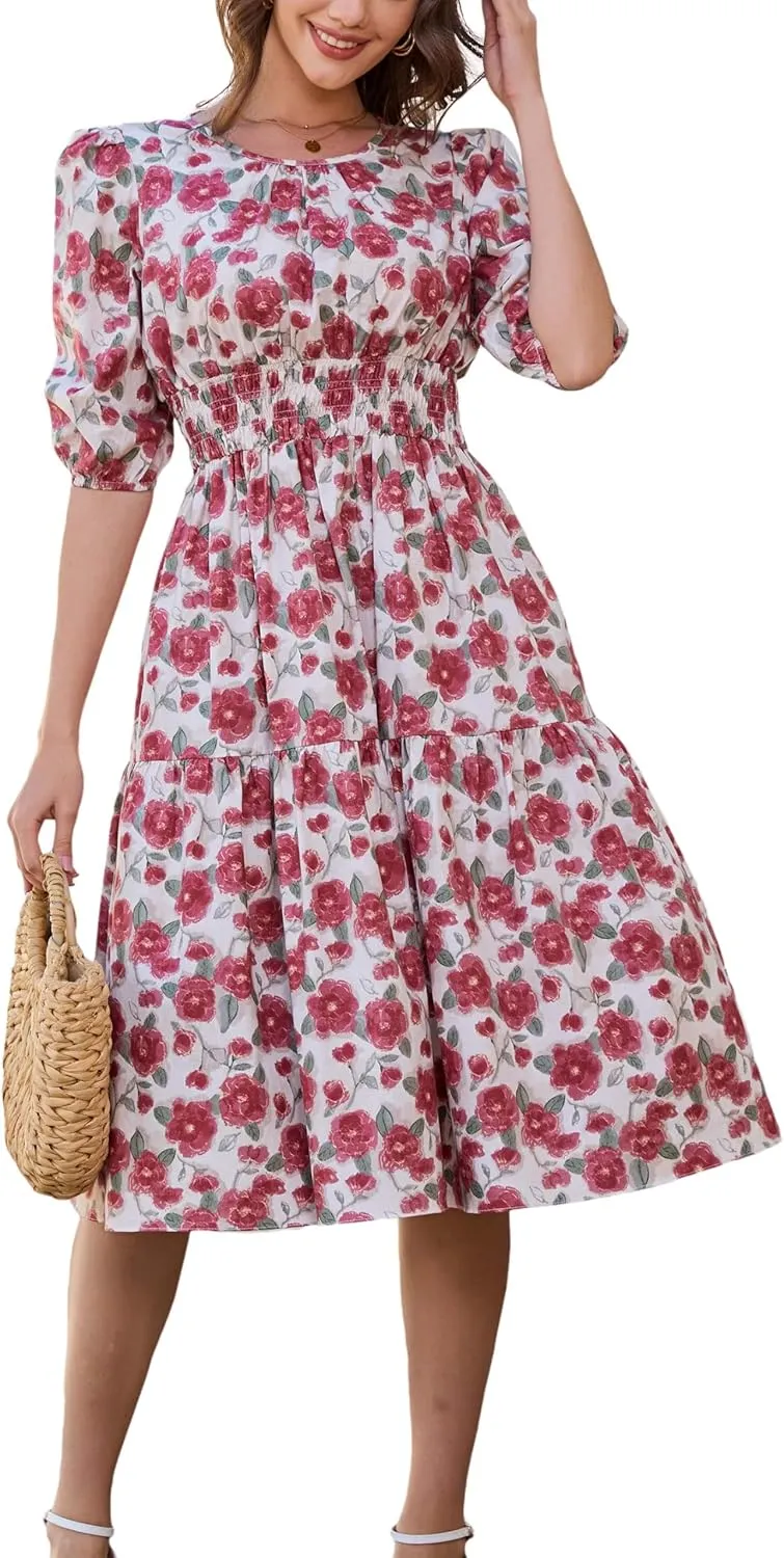 Kormei Women Casual Boho Floral Round Neck 3/4 Sleeve Smocked Waist Tiered A Line Flowy Swing Midi Dress Long Dresses