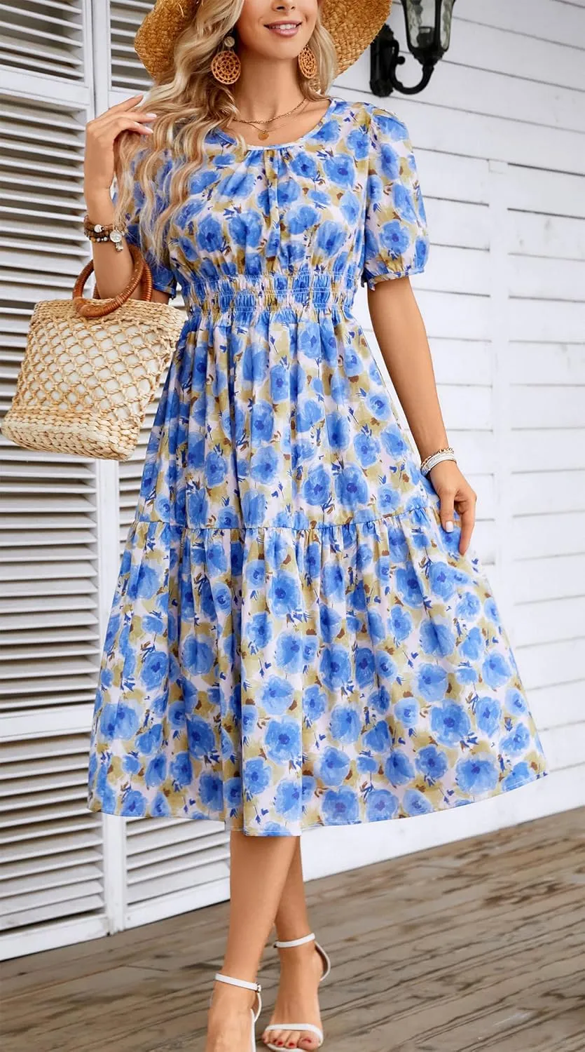 Kormei Women Summer Casual Boho Floral Round Neck Short Sleeve Smocked Waist Tiered Flowy Swing Midi Dress