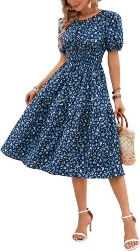 Kormei Women Summer Casual Boho Floral Round Neck Short Sleeve Smocked Waist Tiered Flowy Swing Midi Dress