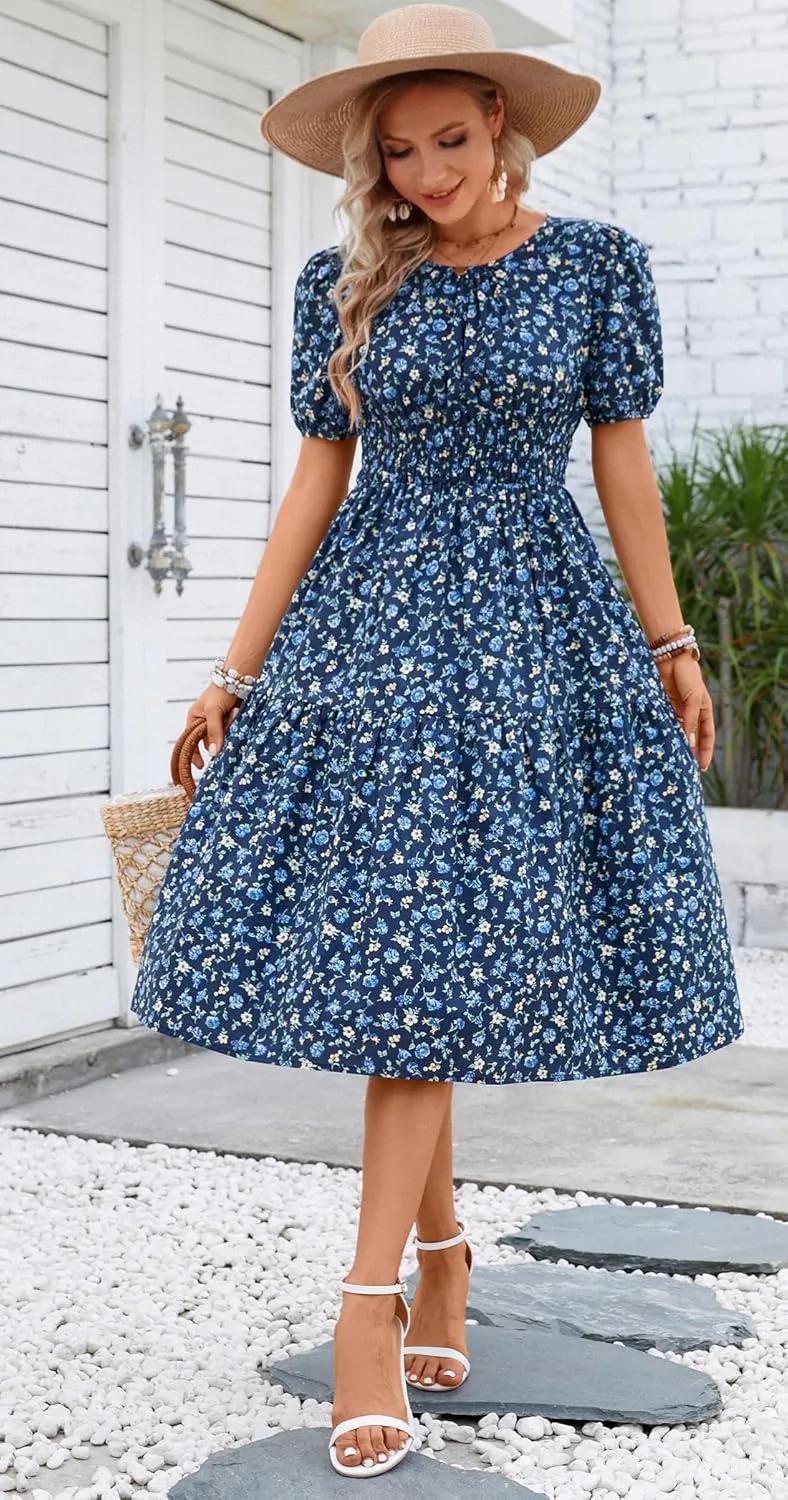 Kormei Women Summer Casual Boho Floral Round Neck Short Sleeve Smocked Waist Tiered Flowy Swing Midi Dress
