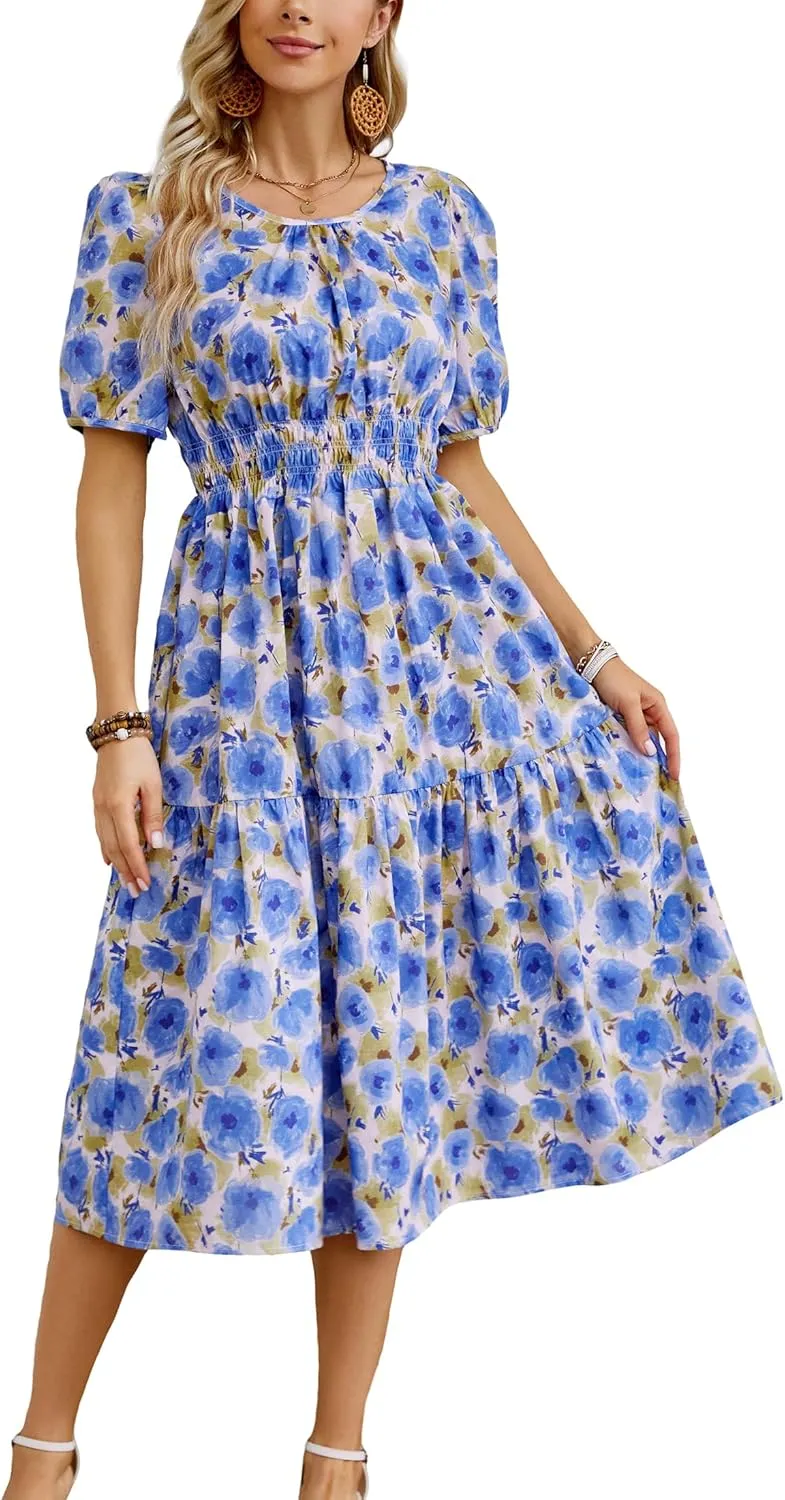 Kormei Women Summer Casual Boho Floral Round Neck Short Sleeve Smocked Waist Tiered Flowy Swing Midi Dress
