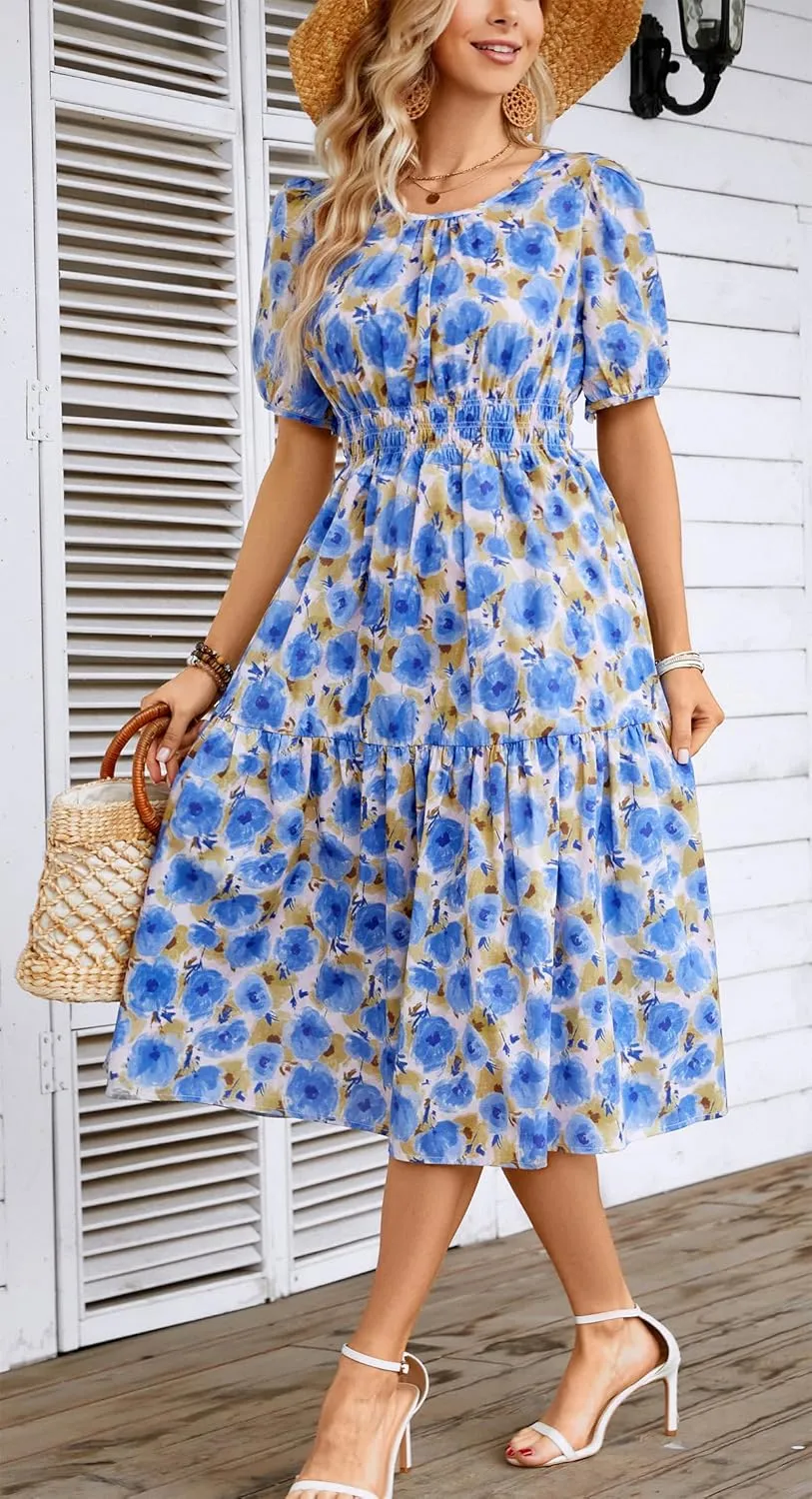 Kormei Women Summer Casual Boho Floral Round Neck Short Sleeve Smocked Waist Tiered Flowy Swing Midi Dress