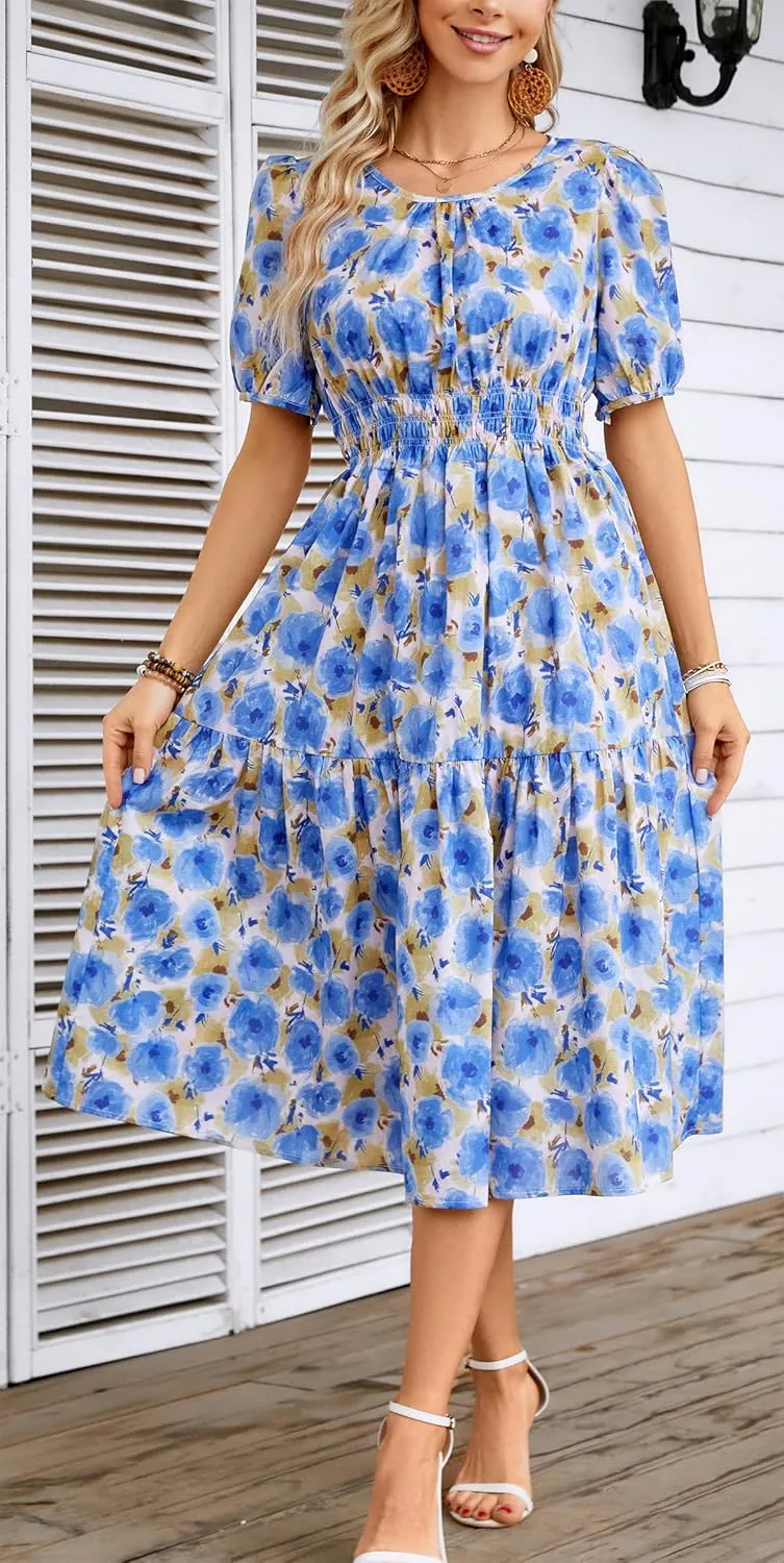 Kormei Women Summer Casual Boho Floral Round Neck Short Sleeve Smocked Waist Tiered Flowy Swing Midi Dress