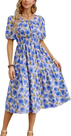 Kormei Women Summer Casual Boho Floral Round Neck Short Sleeve Smocked Waist Tiered Flowy Swing Midi Dress