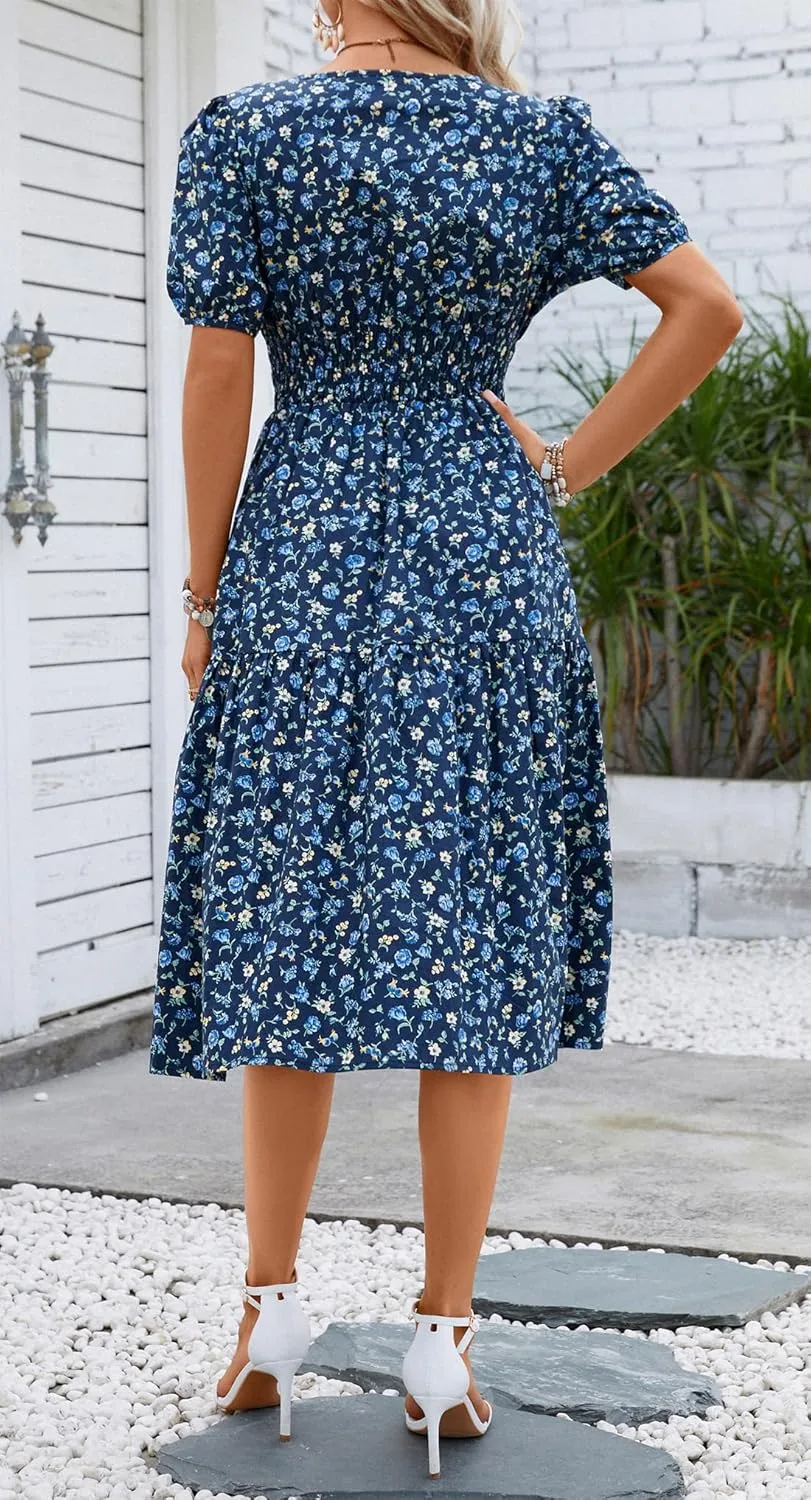 Kormei Women Summer Casual Boho Floral Round Neck Short Sleeve Smocked Waist Tiered Flowy Swing Midi Dress