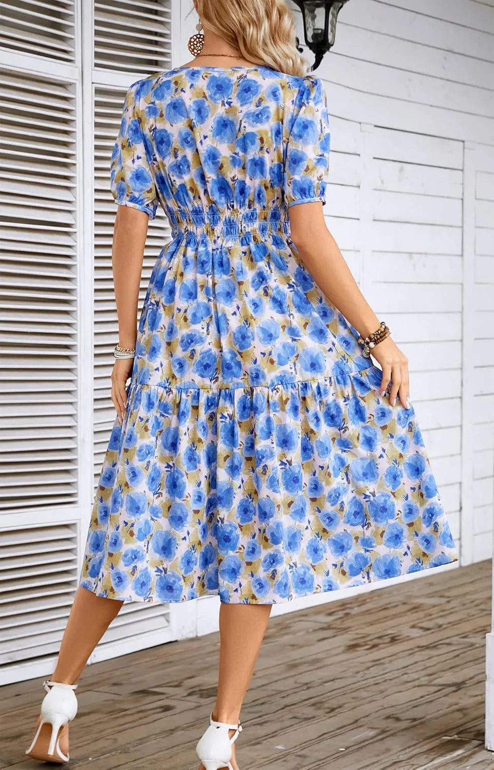 Kormei Women Summer Casual Boho Floral Round Neck Short Sleeve Smocked Waist Tiered Flowy Swing Midi Dress