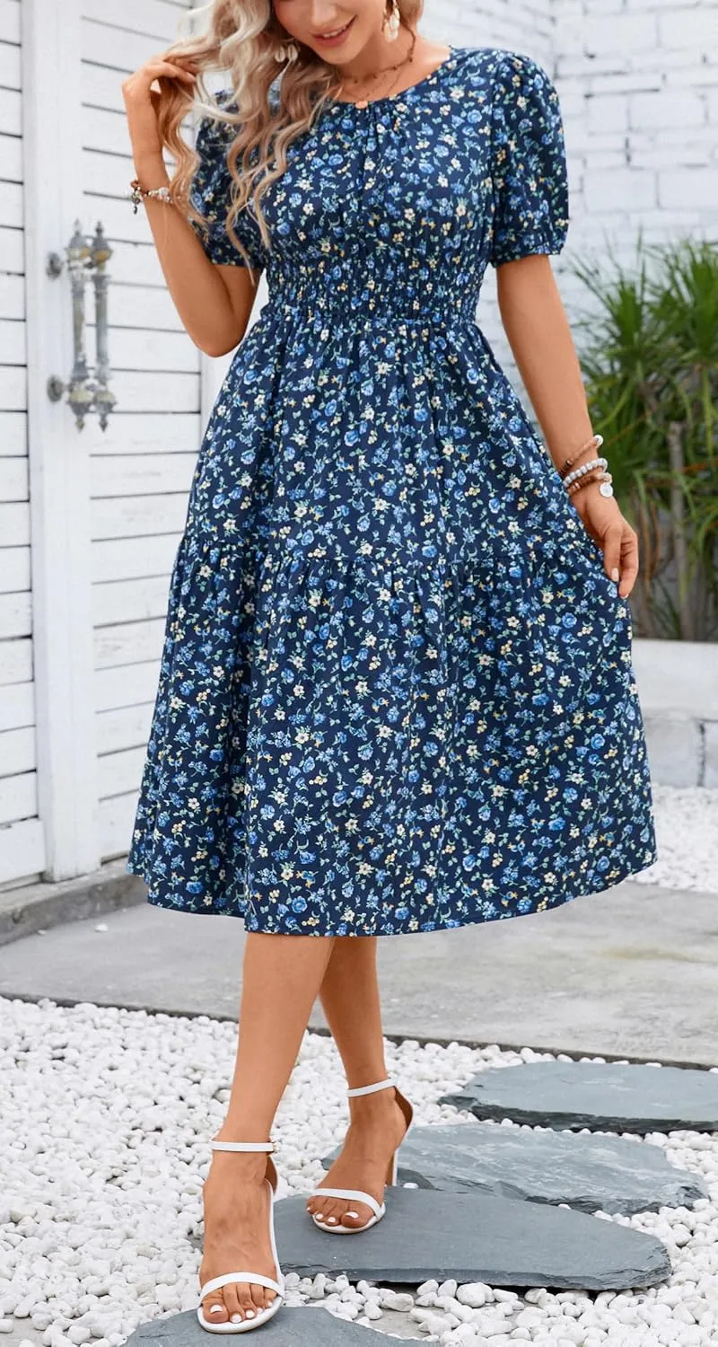 Kormei Women Summer Casual Boho Floral Round Neck Short Sleeve Smocked Waist Tiered Flowy Swing Midi Dress