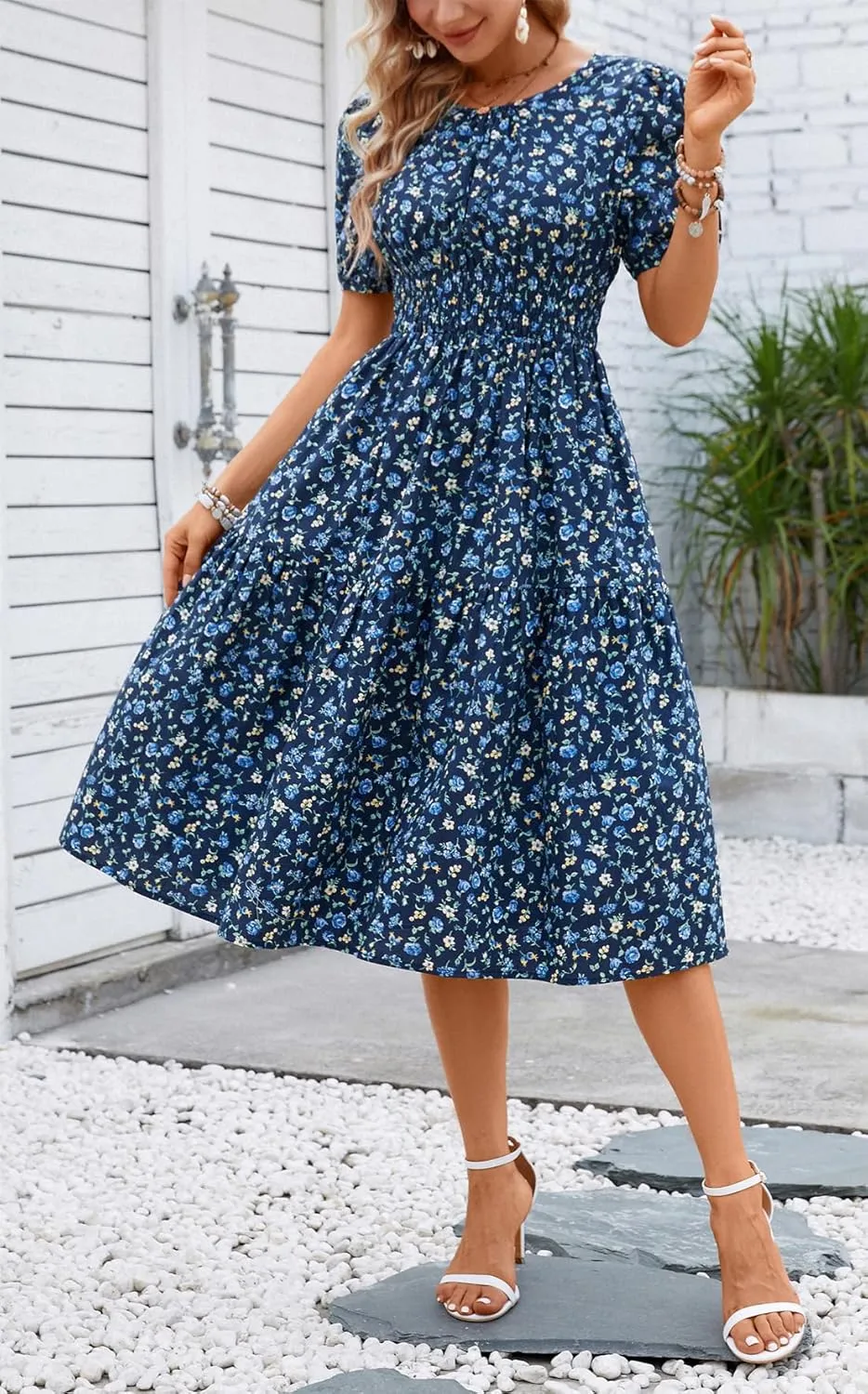 Kormei Women Summer Casual Boho Floral Round Neck Short Sleeve Smocked Waist Tiered Flowy Swing Midi Dress
