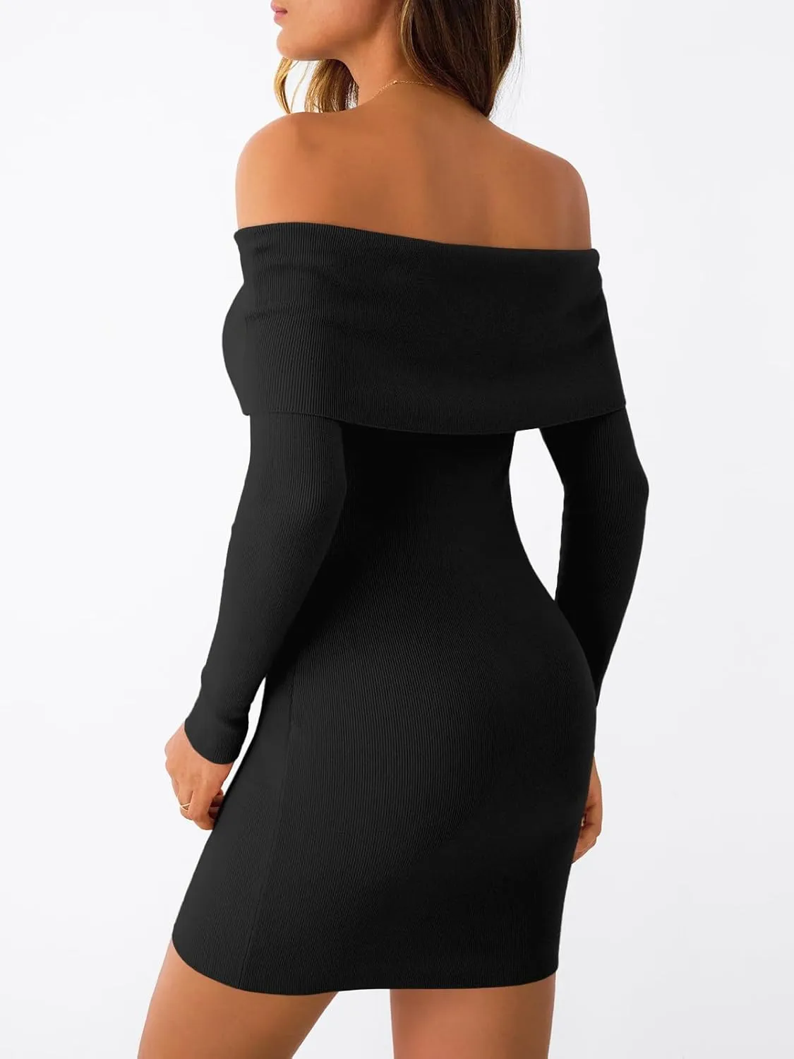 LILLUSORY Womens Folded Neck Off Shoulder Long Sleeve Mini Going Out Bodycon Pullover Sweater Dress 2025