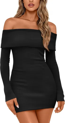 LILLUSORY Womens Folded Neck Off Shoulder Long Sleeve Mini Going Out Bodycon Pullover Sweater Dress 2025