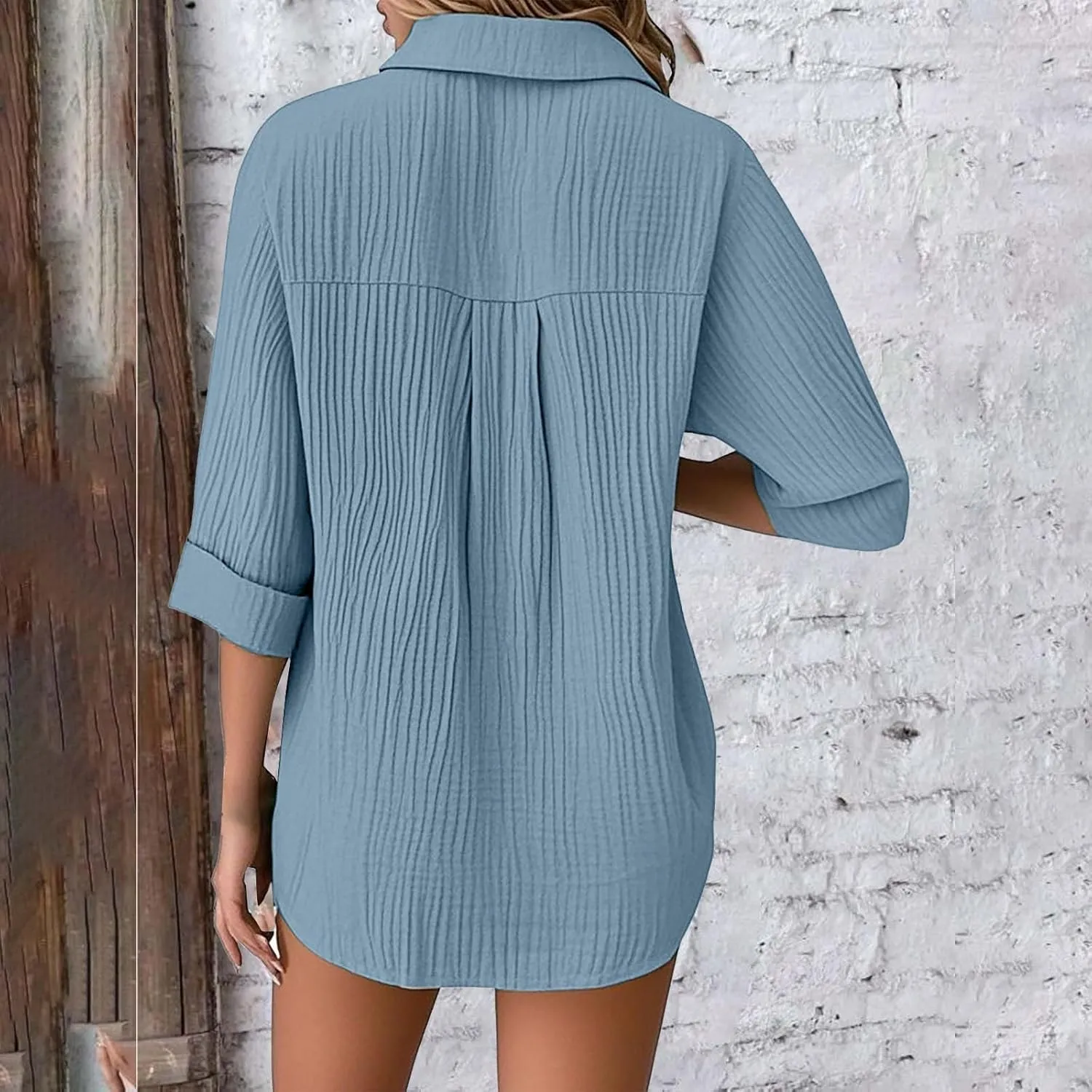 Linen Cotton Shirts for Women Casual Rolled Sleeve Button Down Blouses Summer Solid Color Business Blouse Work Tops