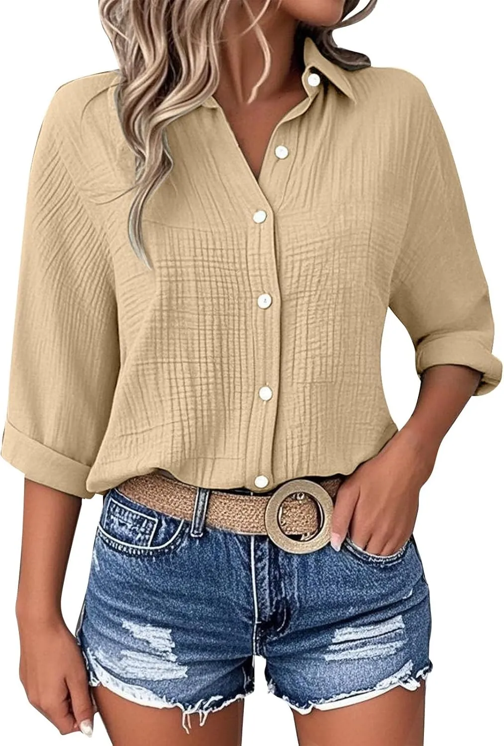 Linen Cotton Shirts for Women Casual Rolled Sleeve Button Down Blouses Summer Solid Color Business Blouse Work Tops