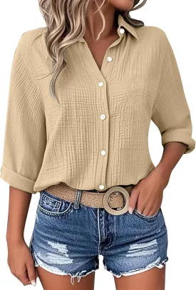 Linen Cotton Shirts for Women Casual Rolled Sleeve Button Down Blouses Summer Solid Color Business Blouse Work Tops
