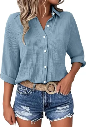 Linen Cotton Shirts for Women Casual Rolled Sleeve Button Down Blouses Summer Solid Color Business Blouse Work Tops