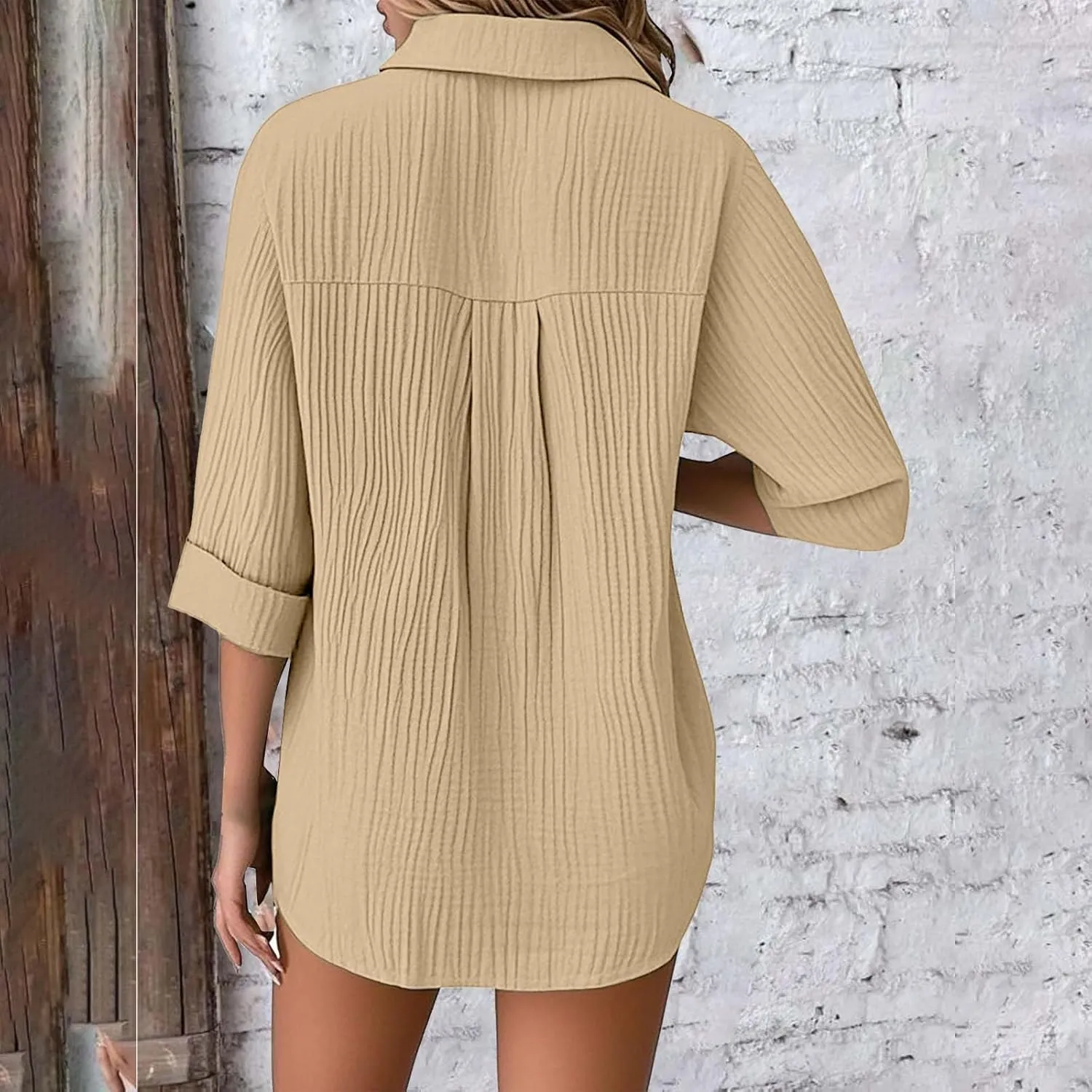 Linen Cotton Shirts for Women Casual Rolled Sleeve Button Down Blouses Summer Solid Color Business Blouse Work Tops