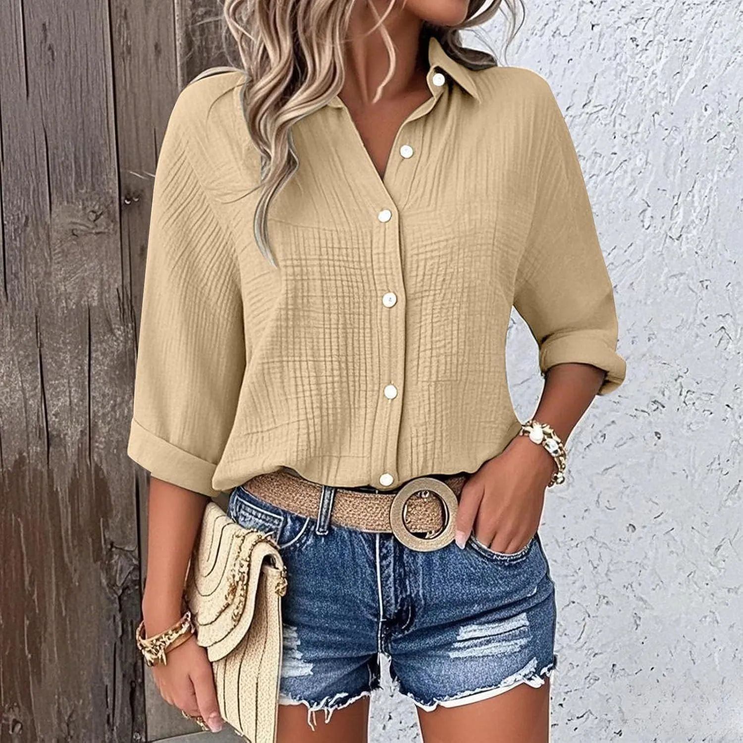 Linen Cotton Shirts for Women Casual Rolled Sleeve Button Down Blouses Summer Solid Color Business Blouse Work Tops
