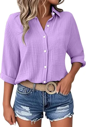 Linen Cotton Shirts for Women Casual Rolled Sleeve Button Down Blouses Summer Solid Color Business Blouse Work Tops
