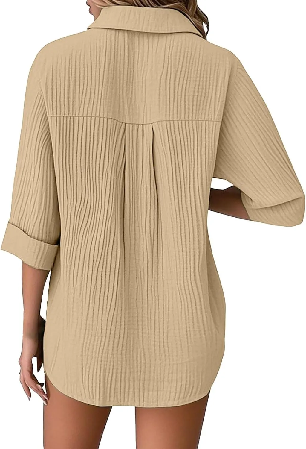 Linen Cotton Shirts for Women Casual Rolled Sleeve Button Down Blouses Summer Solid Color Business Blouse Work Tops