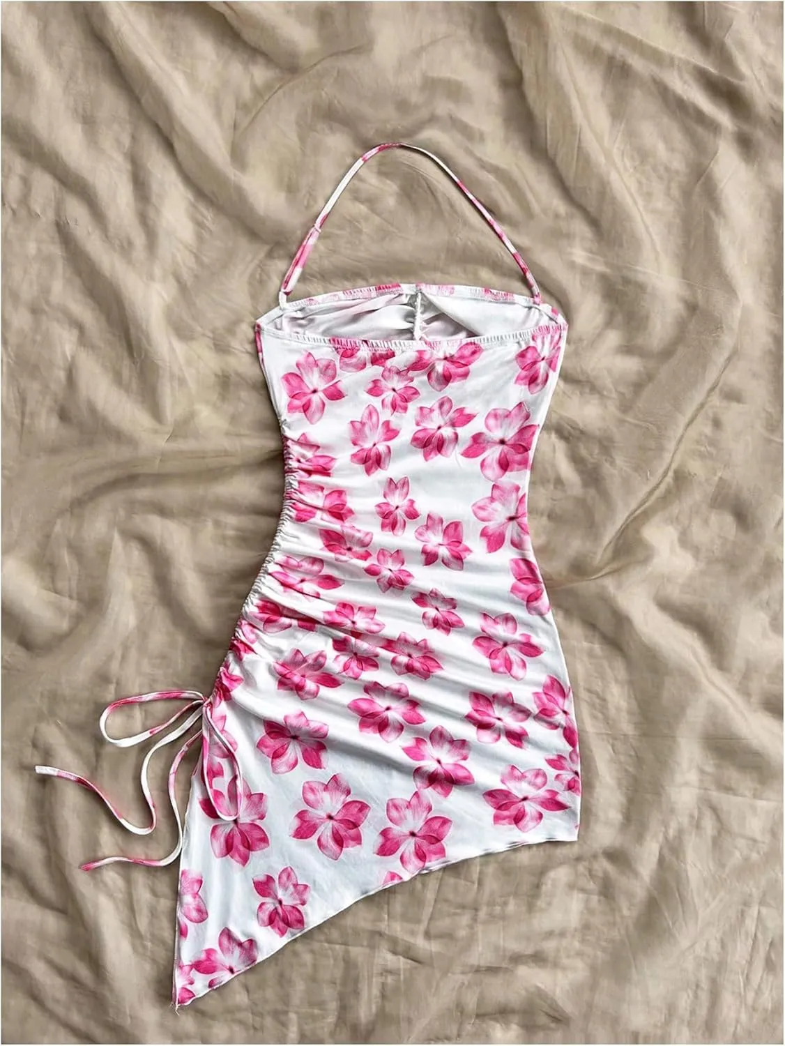 Milumia Girl's Floral Print Boho Halter Drawstring Asymmetrical Hem Slit Mini Dresses