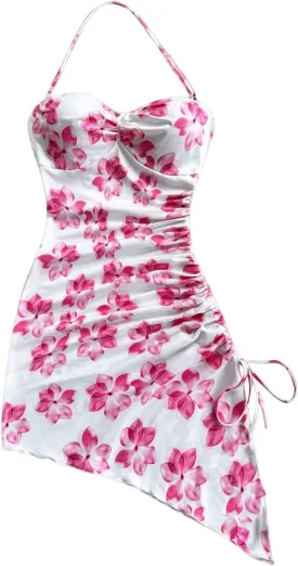 Milumia Girl's Floral Print Boho Halter Drawstring Asymmetrical Hem Slit Mini Dresses