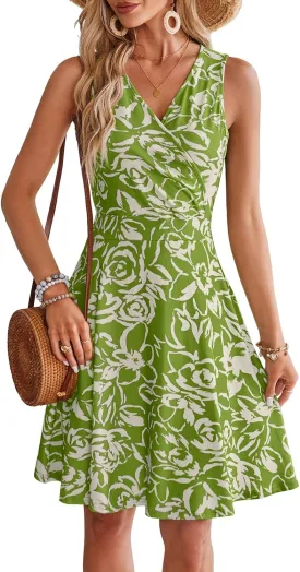 Naggoo Sundresses for Women Summer Casual Faux Wrap V Neck Floral Short Tank Dress with Pockets