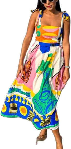 NUFIWI Women Boho Graffiti Cami Long Dress Graphic Spaghetti Strap Flowy Maxi Dress Square Neck Colorful A Line Sundress