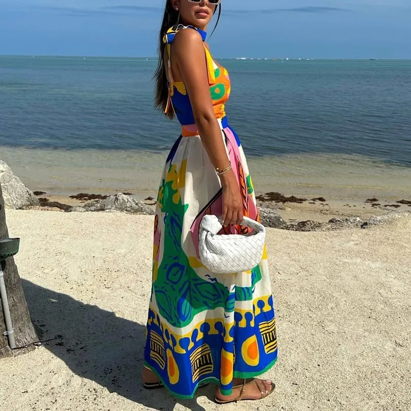 NUFIWI Women Boho Graffiti Cami Long Dress Graphic Spaghetti Strap Flowy Maxi Dress Square Neck Colorful A Line Sundress