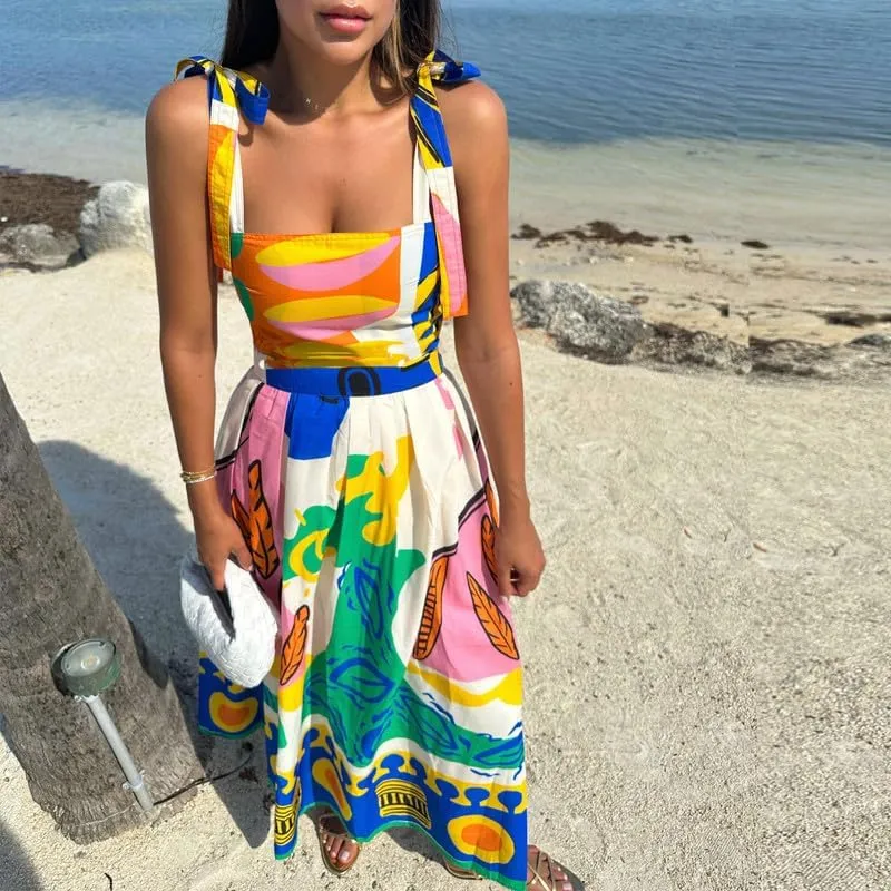 NUFIWI Women Boho Graffiti Cami Long Dress Graphic Spaghetti Strap Flowy Maxi Dress Square Neck Colorful A Line Sundress